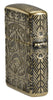 Tiki Design Armor® Antique Brass Windproof Lighter standing at an angle, showing the back and hinge side of the lighter.