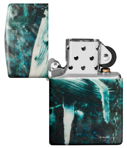 Zippo Spazuk Whale Design 540 Color Windproof Lighter with its lid open and unlit.