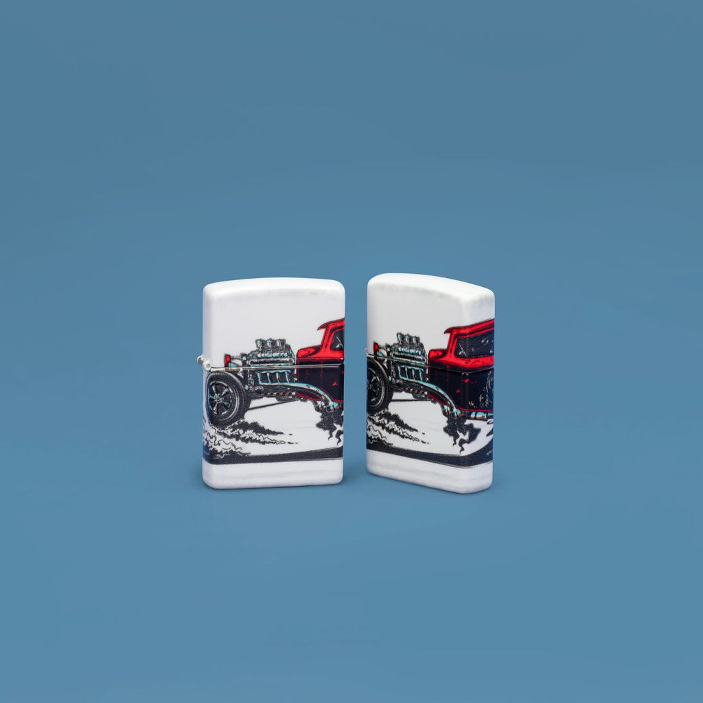 Lifestyle image of Zippo Hot Rod Design 540 Color Matte Windproof Lighter in a blue scene.