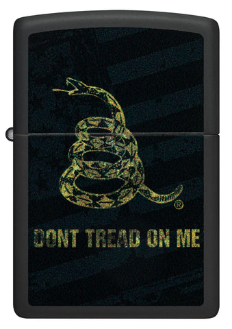 Front view of Zippo Don't Tread On Me Snake and Flag Black Matte Windproof Lighter.