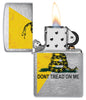 Dont Tread On Me® Flag Design Brushed Chrome Windproof Lighter with its lid open and lit.