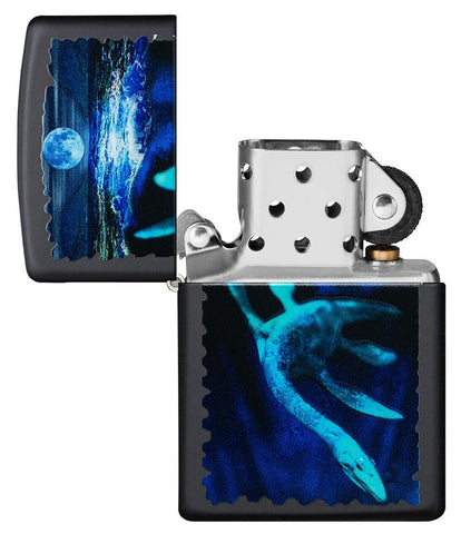 Black Light Loch Ness Design Black Matte Windproof Lighter with its lid open and unlit.