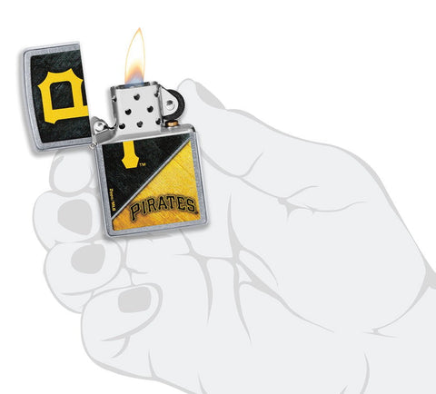 MLB® Pittsburgh Pirates™ Street Chrome™ Windproof Lighter lit in hand.