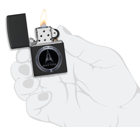 Zippo U.S. Space Force Design Black Matte Windproof Lighter lit in hand.