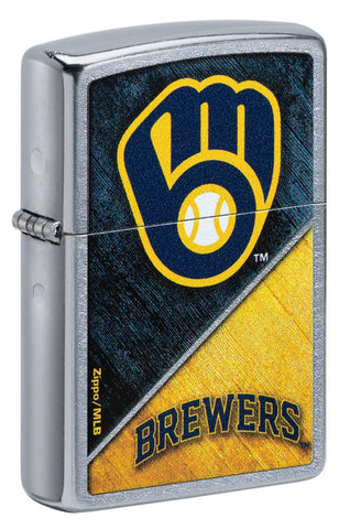 Front shot of MLB® Milwaukee Brewers™ Street Chrome™ Windproof Lighter standing at a 3/4 angle.