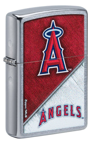 Front shot of MLB® Los Angeles Angels™ Street Chrome™ Windproof Lighter standing at a 3/4 angle.
