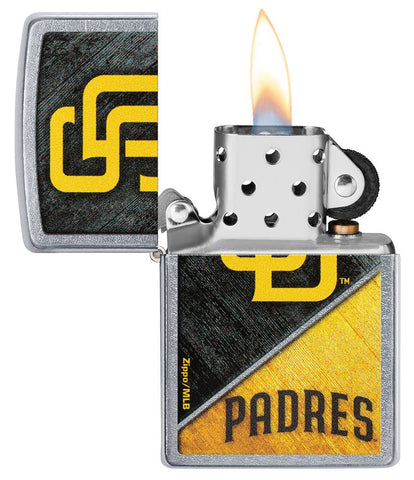 MLB® San Diego Padres™ Street Chrome™ Windproof Lighter with its lid open and lit.