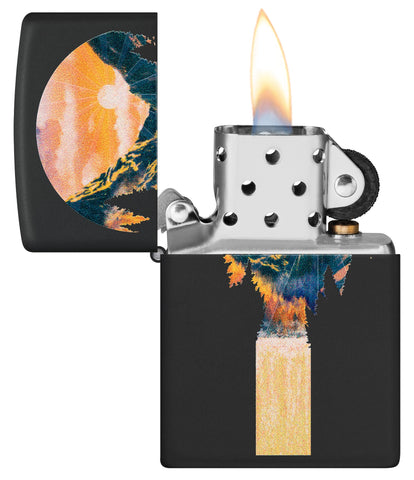 Zippo Black Light Lava Lamp Design Black Matte Windproof Lighter with its lid open and lit.