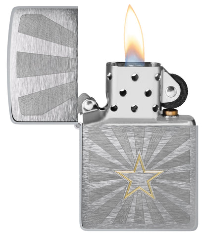 Zippo Star Design Brushed Chrome Windproof Lighter with its lid open and lit.