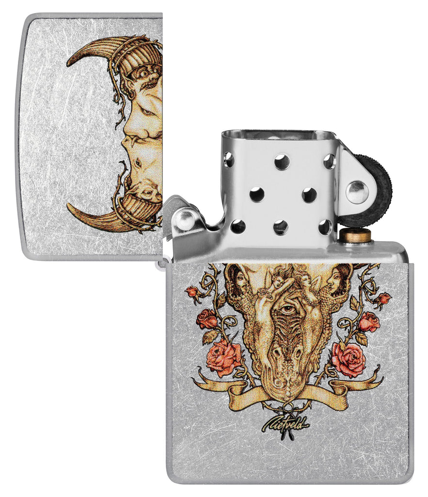 Zippo Rick Rietveld Floral Bull Skull Street Chrome Windproof Lighter with its lid open and unlit.