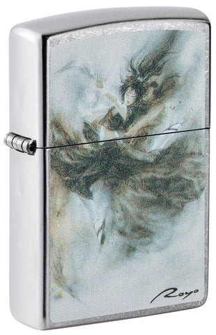 Front shot of Luis Royo Design Street Chrome™ Windproof Lighter standing at a 3/4 angle.