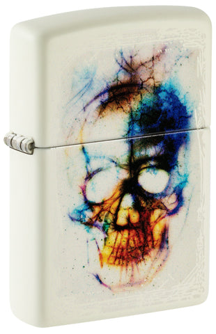 Front shot of Zippo Skull Print Design Glow in the Dark Matte Windproof Lighter standing at a 3/4 angle.