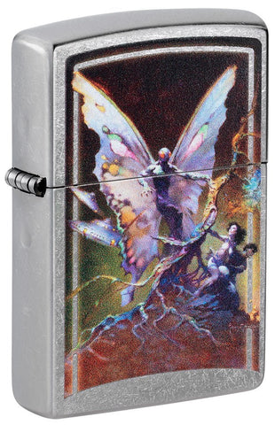 Front shot of Frank Frazetta Mythical Fairy Street Chrome Windproof Lighter standing at a 3/4 angle.