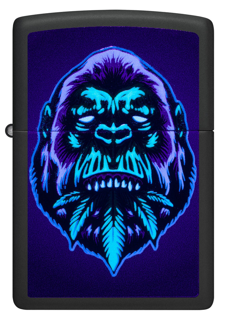 Front view of Zippo Black Light Cannabis Gorilla Design Black Matte Windproof Lighter glowing with a black light.