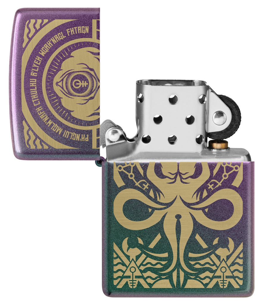 Zippo Evil Design Iridescent Windproof Lighter with its lid open and unlit.