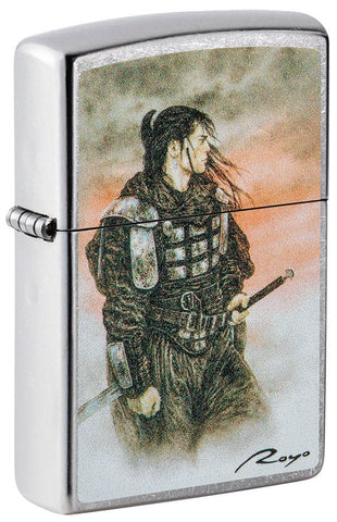 Front shot of Luis Royo Samurai Design Street Chrome™ Windproof Lighter standing at a 3/4 angle.