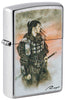 Front shot of Luis Royo Samurai Design Street Chrome™ Windproof Lighter standing at a 3/4 angle.