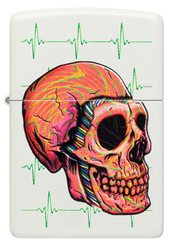 Front view of Zippo Cyber Skull Design White Matte Windproof Lighter.