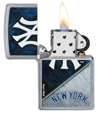 MLB® New York Yankees™ Street Chrome™ Windproof Lighter with its lid open and lit.