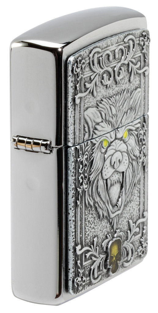 Angled view of Zippo Wolf Emblem Design Brushed Chrome Windproof Lighter, showing the emblem design.