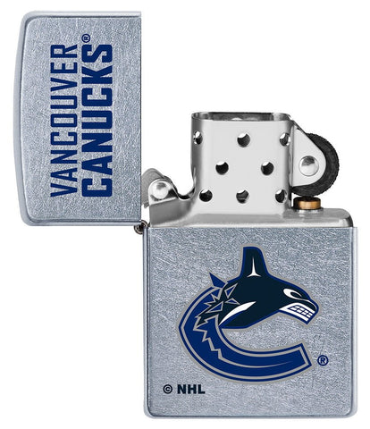 NHL Vancouver Canucks Street Chrome™ Windproof Lighter with its lid open and unlit