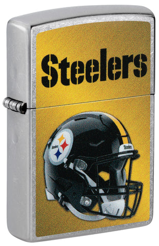 Front shot of NFL Pittsburgh Steelers Helmet Street Chrome Windproof Lighter standing at a 3/4 angle.