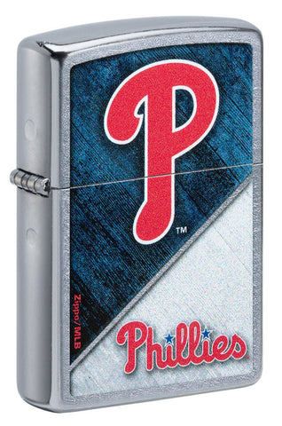 Front shot of MLB® Philadelphia Phillies™ Street Chrome™ Windproof Lighter standing at a 3/4 angle.