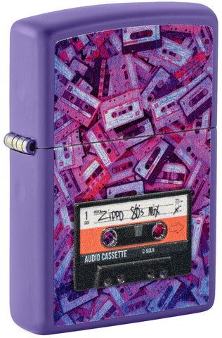 Front shot of Zippo Cassette Tape Design Purple Matte Windproof Lighter standing at a 3/4 angle.