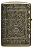 Tiki Design Armor® Antique Brass Windproof Lighter with its lid open and unlit.