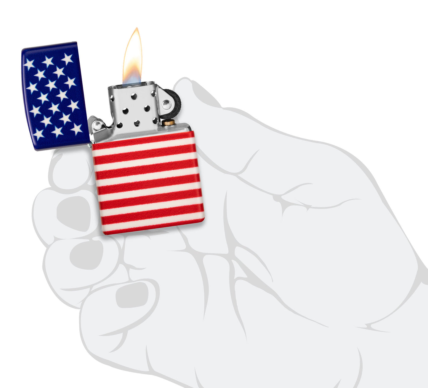 Zippo Stars and Stripes Flag Design 540 Color Matte Windproof Lighter lit in hand.