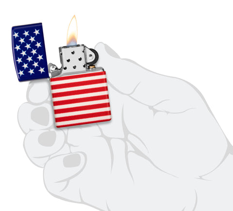 Zippo Stars and Stripes Flag Design 540 Color Matte Windproof Lighter lit in hand.