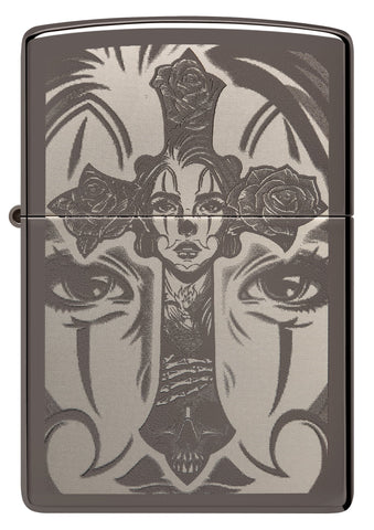 Front shot of Day of the Dead Skull Cross Design Black Ice Windproof Lighter.