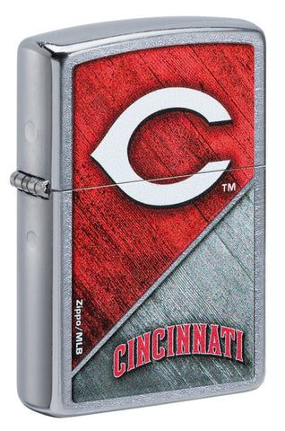 Front shot of MLB® Cincinnati Reds™ Street Chrome™ Windproof Lighter standing at a 3/4 angle.