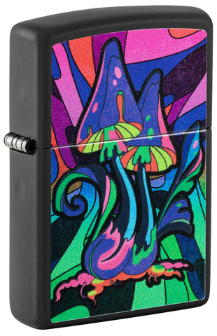 Front shot of Black Light Trippy Mushroom Black Matte Windproof Lighter standing at a 3/4 angle.