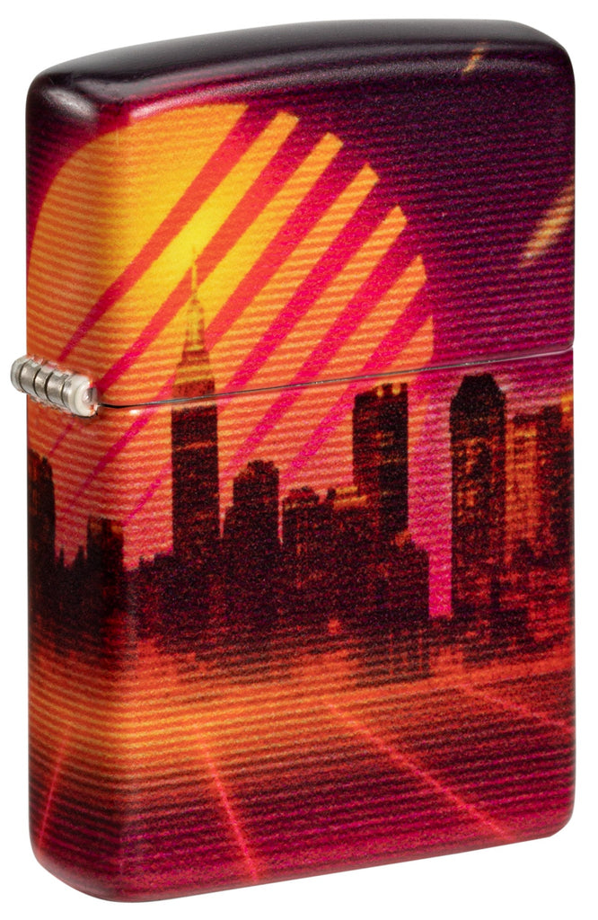 Front shot of Zippo Cyber City Design 540 Color Matte Windproof Lighter standing at a 3/4 angle.