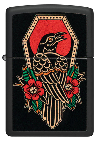Front view of Zippo Crow Tattoo Design Black Matte Windproof Lighter.