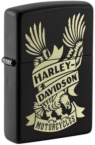 Front shot of Harley-Davidson® Eagle Black Matte Windproof Lighter standing at a 3/4 angle.