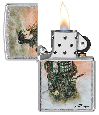 Luis Royo Samurai Design Street Chrome™ Windproof Lighter with its lid open and lit.