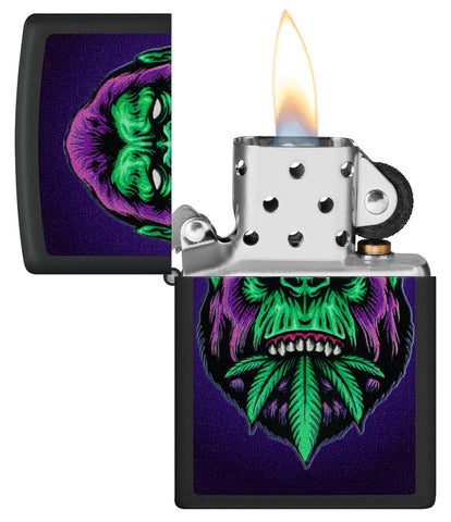 Zippo Black Light Cannabis Gorilla Design Black Matte Windproof Lighter with its lid open and lit.