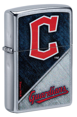 Front shot of MLB® Cleveland Guardians™ Street Chrome™ Windproof Lighter standing at a 3/4 angle.