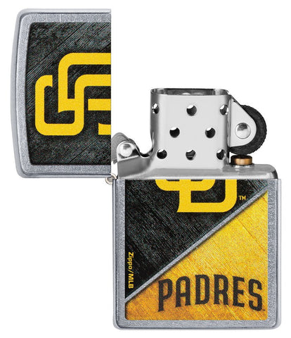 MLB® San Diego Padres™ Street Chrome™ Windproof Lighter with its lid open and unlit.
