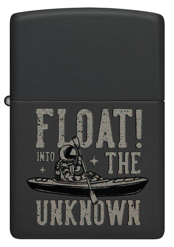 Front view of Zippo Float into the Unknown Design Black Matte Windproof Lighter.