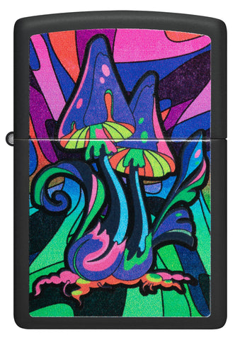 Front shot of Black Light Trippy Mushroom Black Matte Windproof Lighter.