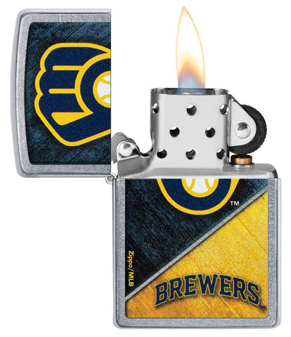 MLB® Milwaukee Brewers™ Street Chrome™ Windproof Lighter with its lid open and lit.