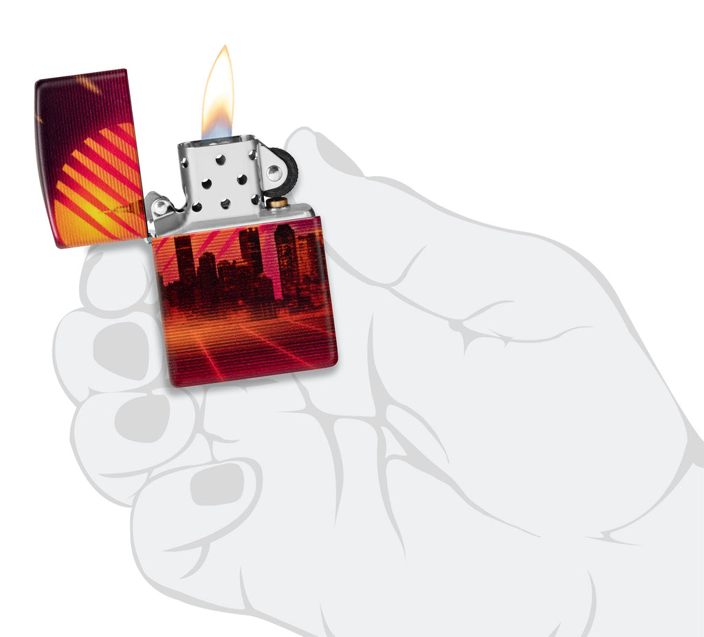 Zippo Cyber City Design 540 Color Matte Windproof Lighter lit in hand.