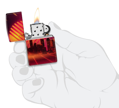 Zippo Cyber City Design 540 Color Matte Windproof Lighter lit in hand.