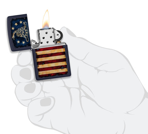 Zippo Don't Tread On Me US Flag Navy Matte Windproof Lighter lit in hand.
