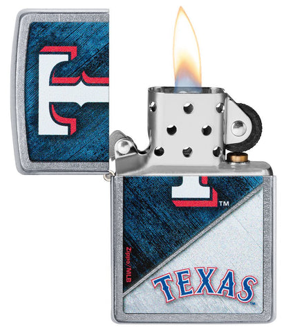 MLB® Texas Rangers™ Street Chrome™ Windproof Lighter with its lid open and lit.