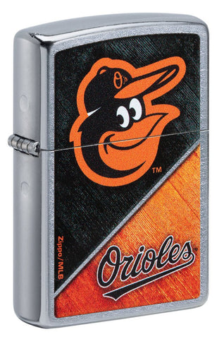 Front shot of MLB® Baltimore Orioles™ Street Chrome™ Windproof Lighter standing at a 3/4 angle.