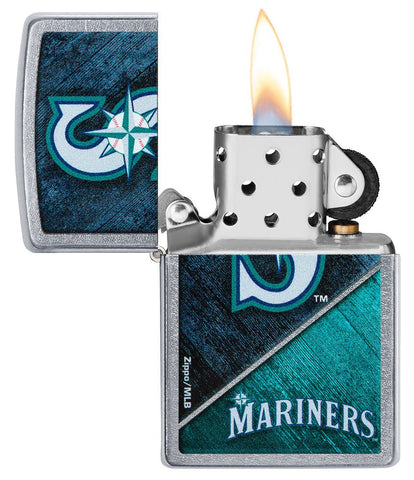 MLB® Seattle Mariners™ Street Chrome™ Windproof Lighter with its lid open and lit.